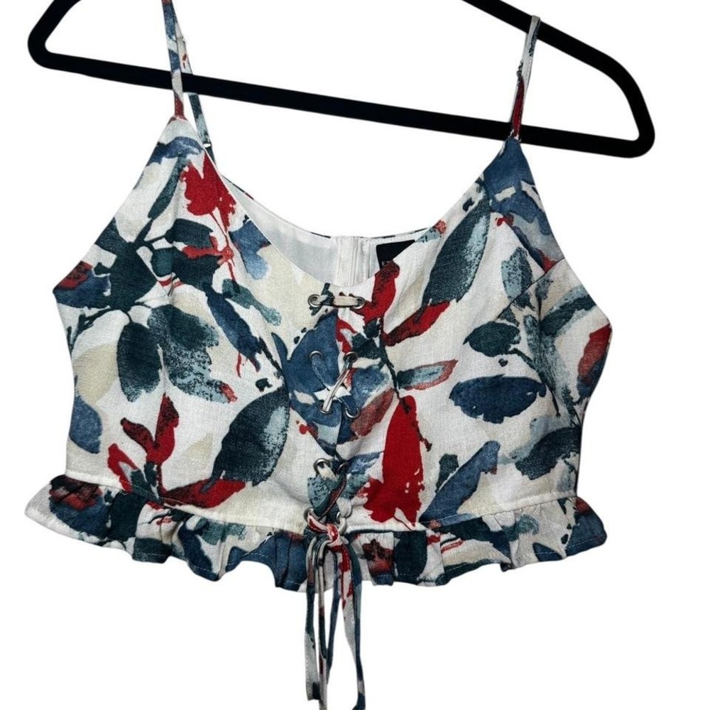 Ethereal multicoloured floral crop with tie front and ruffle hem